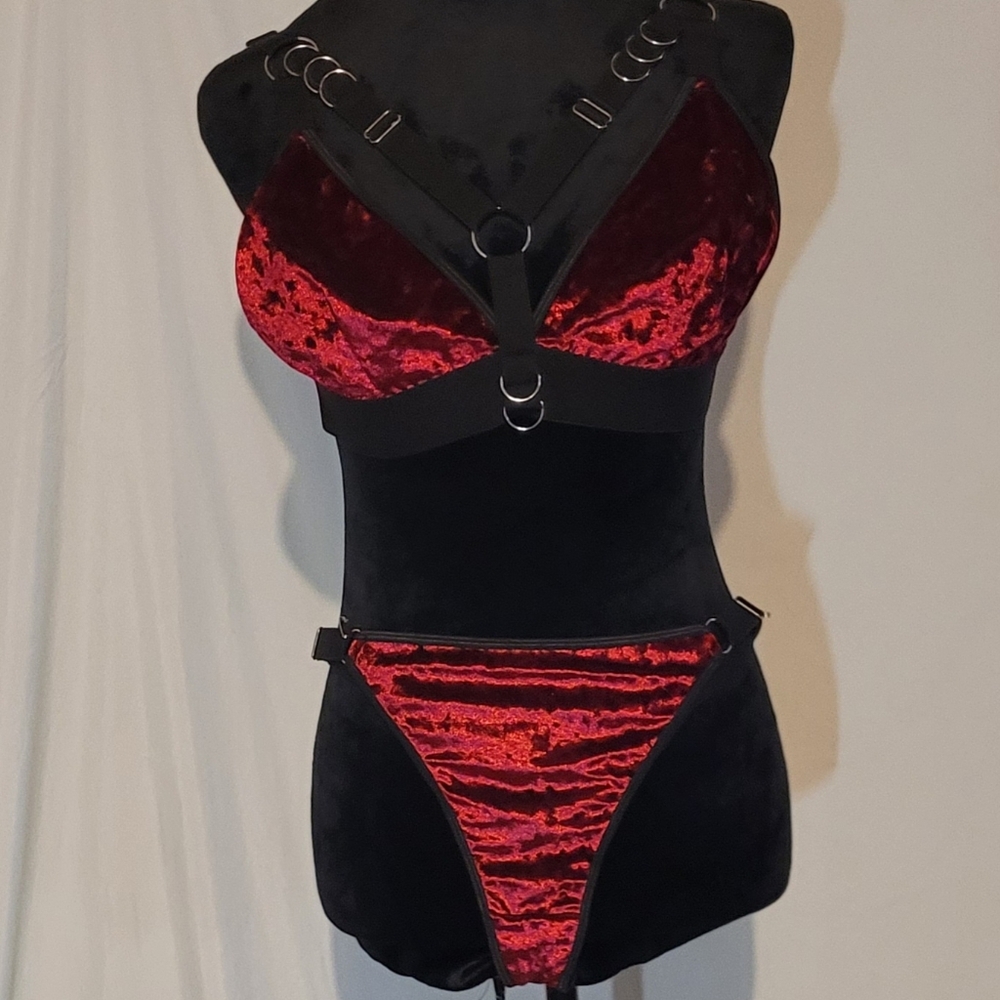 Wine Burgundy Velvet Strappy Lingerie Set With Adjustable Top And Bottom,  XL